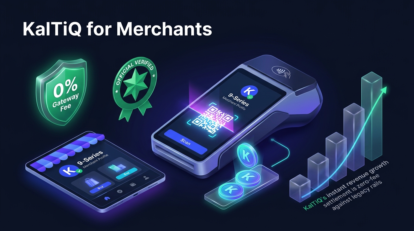 KalTiQ for Merchants infographic showing 9-Series POS terminal, 0% gateway fee shield, verified 6-spoke badge, and revenue growth chart
