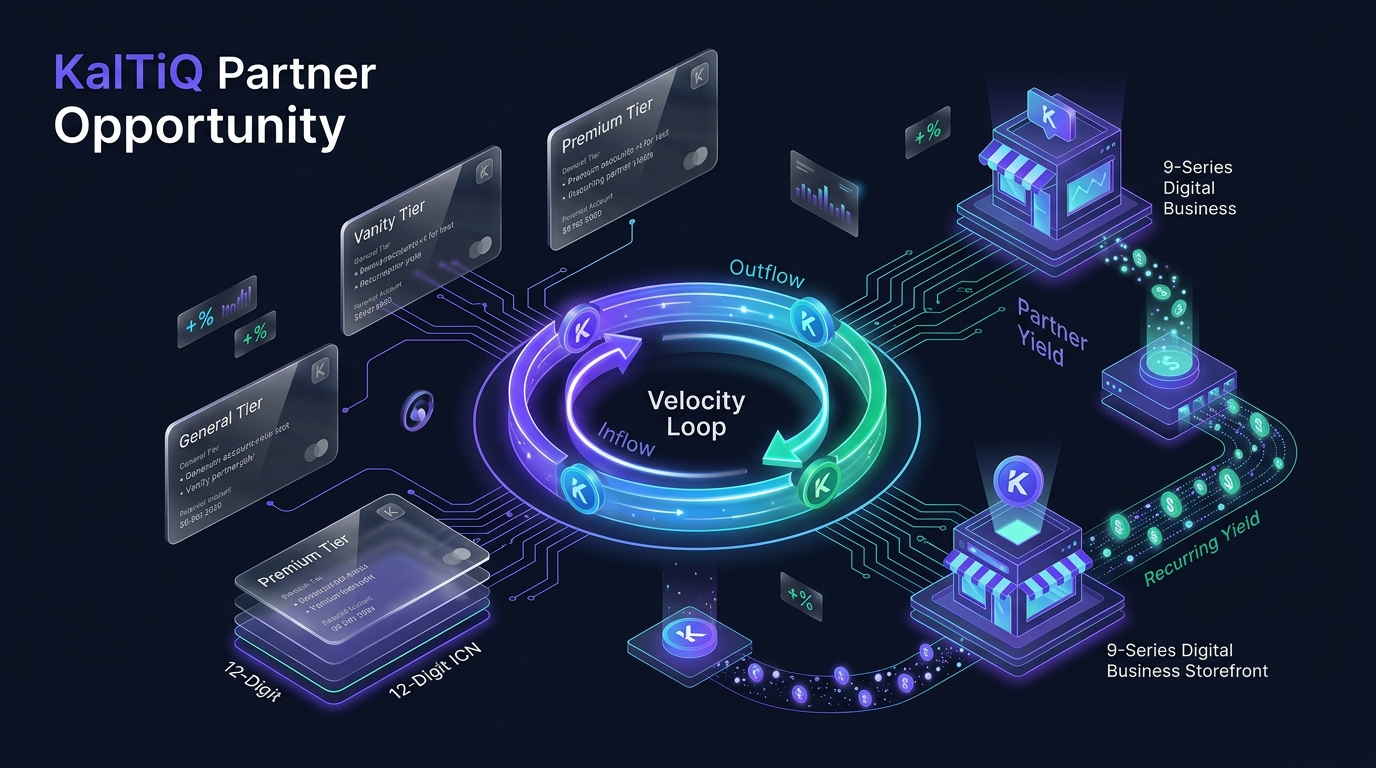 KalTiQ Partner Opportunity infographic illustrating the Dynamic KalCoin Velocity Loop (Inflow & Outflow), 12-Digit ICN Tiers, and 9-Series Business Storefront partner yields
