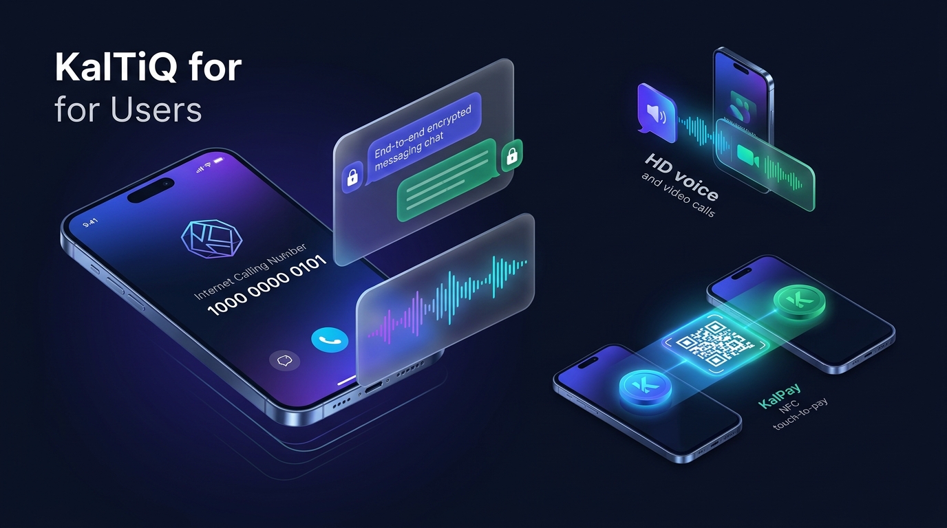 KalTiQ User Ecosystem Infographic showing 12-digit ICN calling, encrypted messaging, HD voice/video calls, and KalPay NFC & QR payments